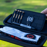 EXO Glove Case - open showing how it stores EXO golf glove, sharpie, divot tool and tees