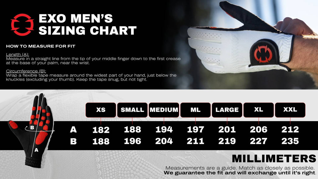 Exo Golf Glove - Size Chart - Men - Millimeters