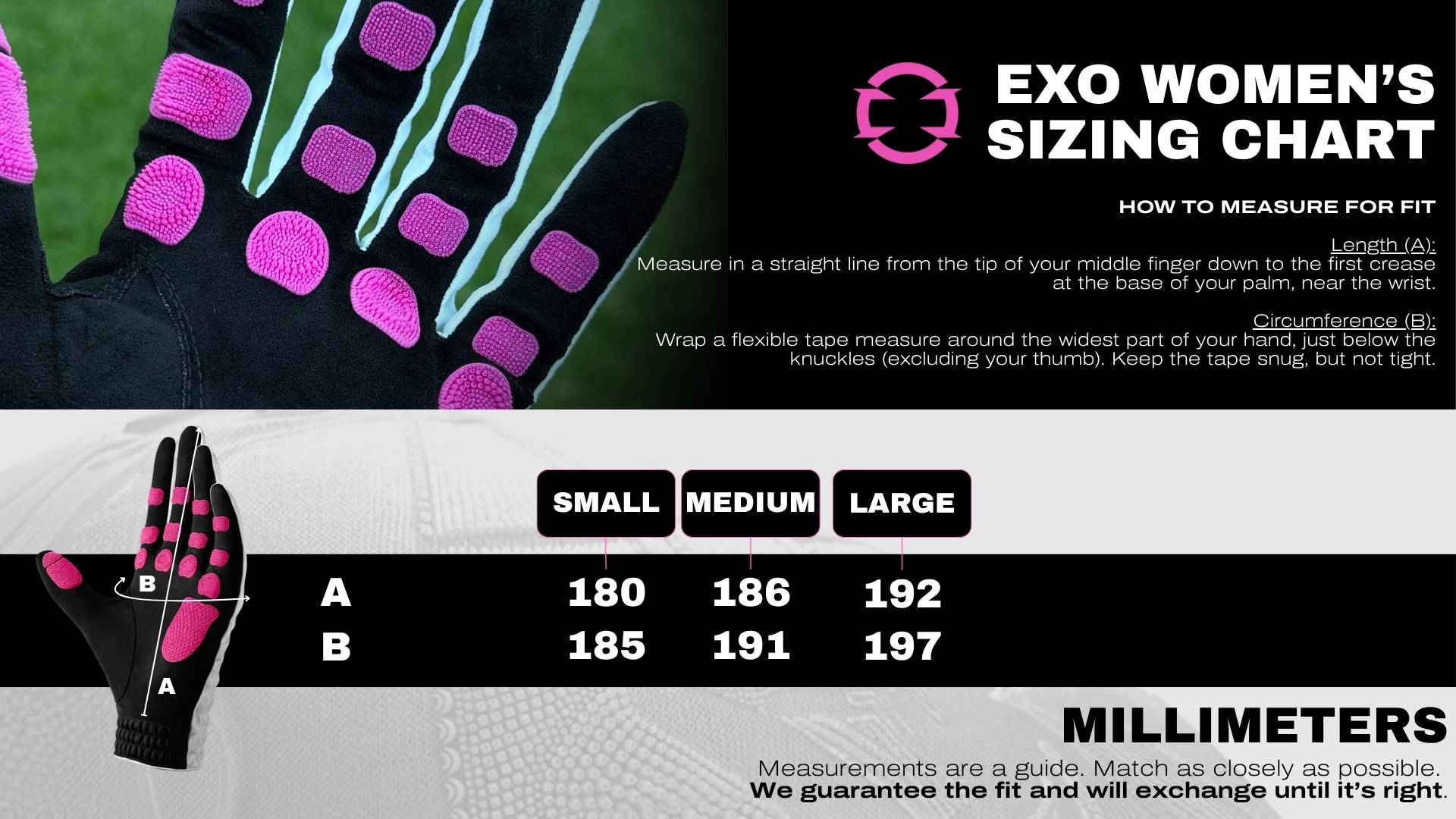 EXO Golf Glove Size Chart - Women in Millimeters