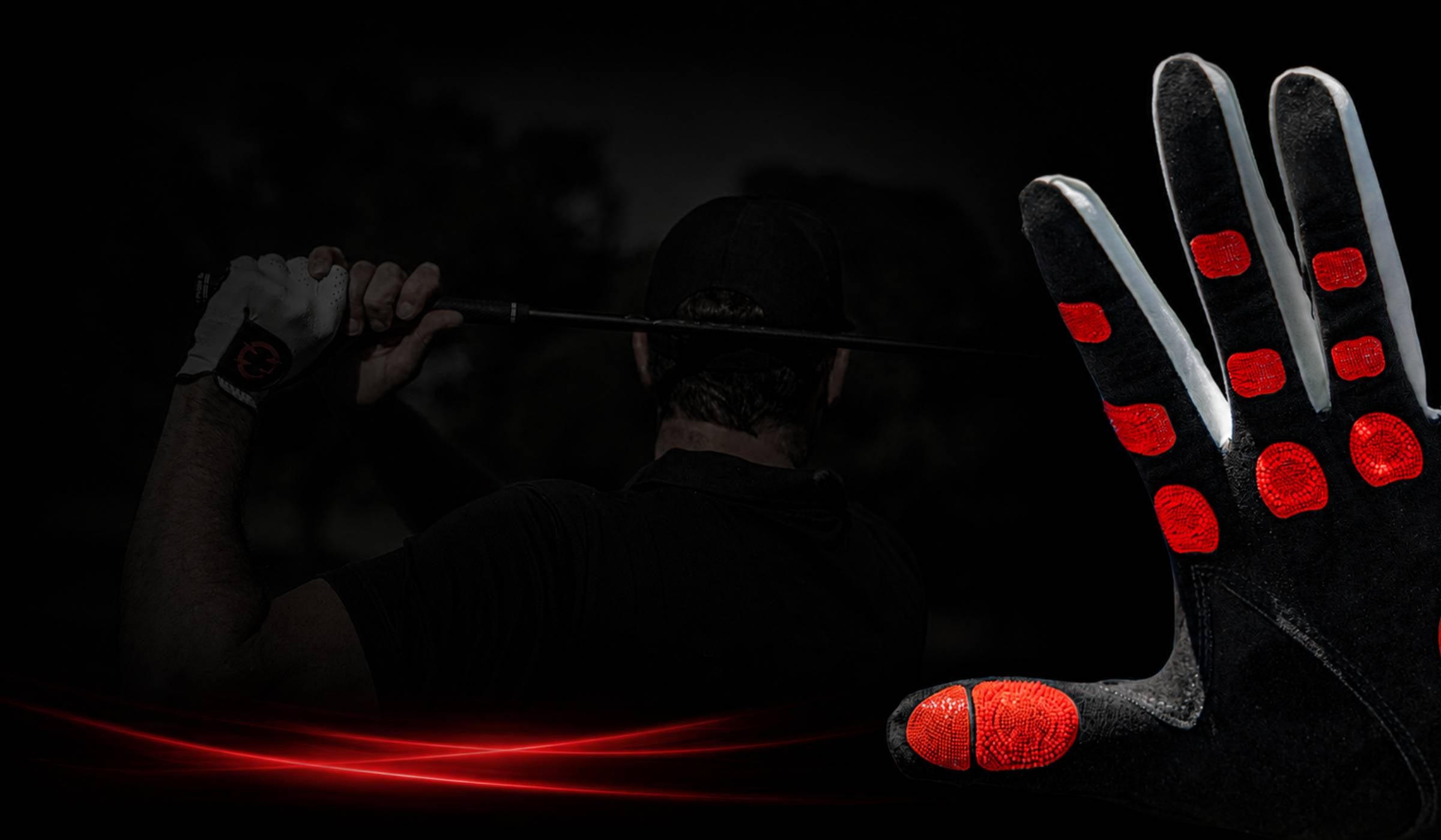 Image of EXO Golf glove with red nanocells on the right with golfer wearing glove in the background