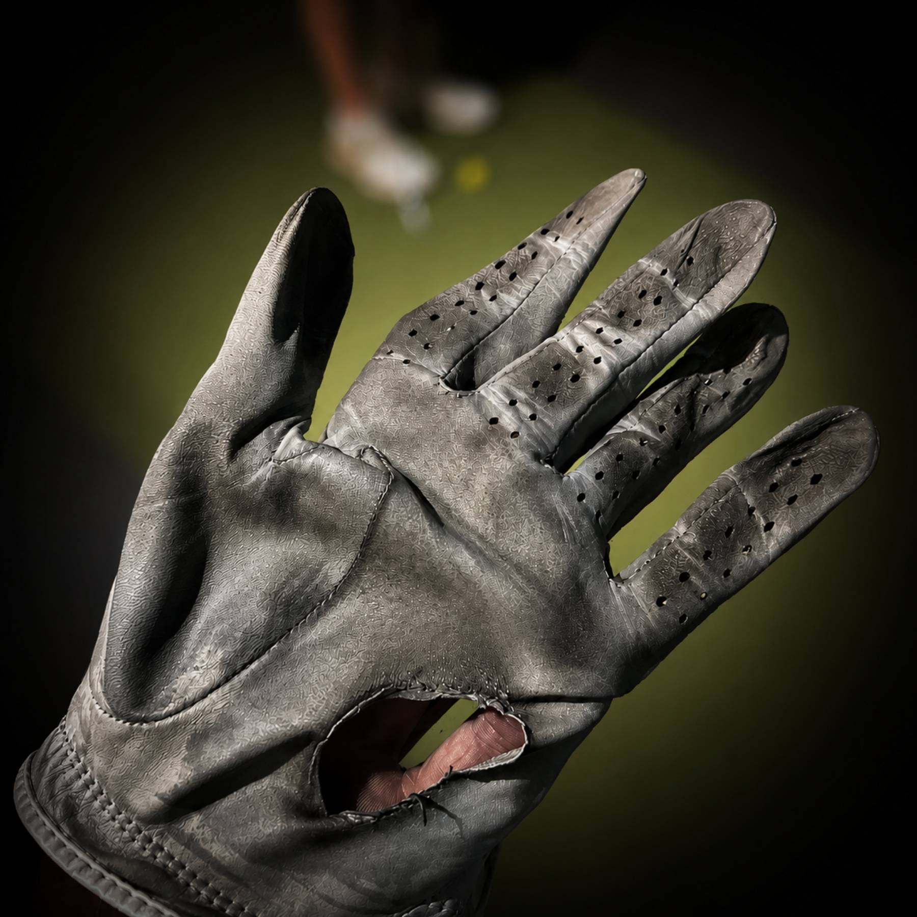 Worn out leather golf glove with visible hole in the palm