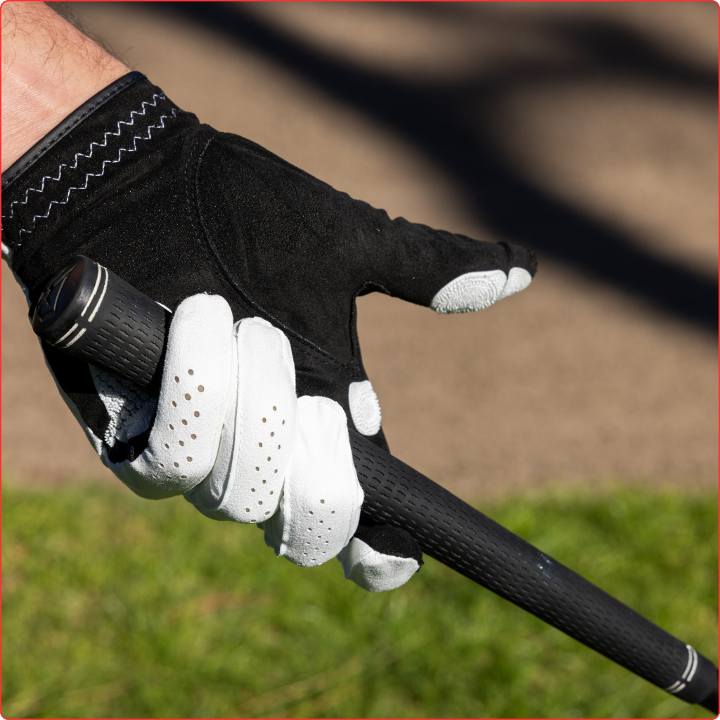 The EXO golf glove worn while gripping a golf club, showcasing its sleek design and superior grip.
