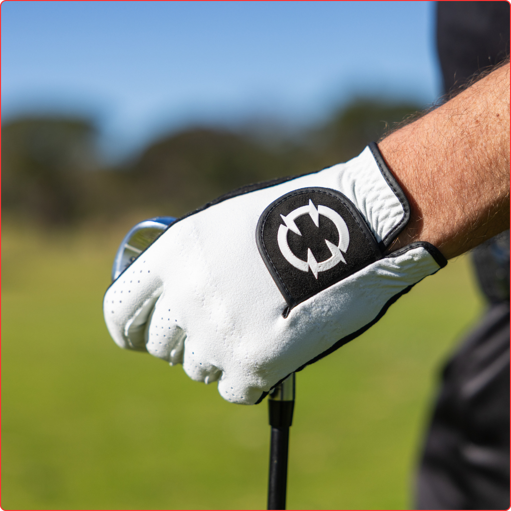 Close-up of The EXO Golf Glove in white, showcasing grip and design for enhanced golf performance.
